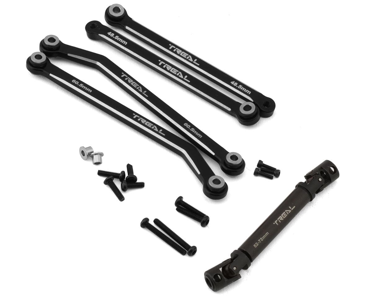 Treal Hobby FCX24 Aluminum Extended Rear Suspension Link Set (Black) (+12mm) w/Steel Driveshaft