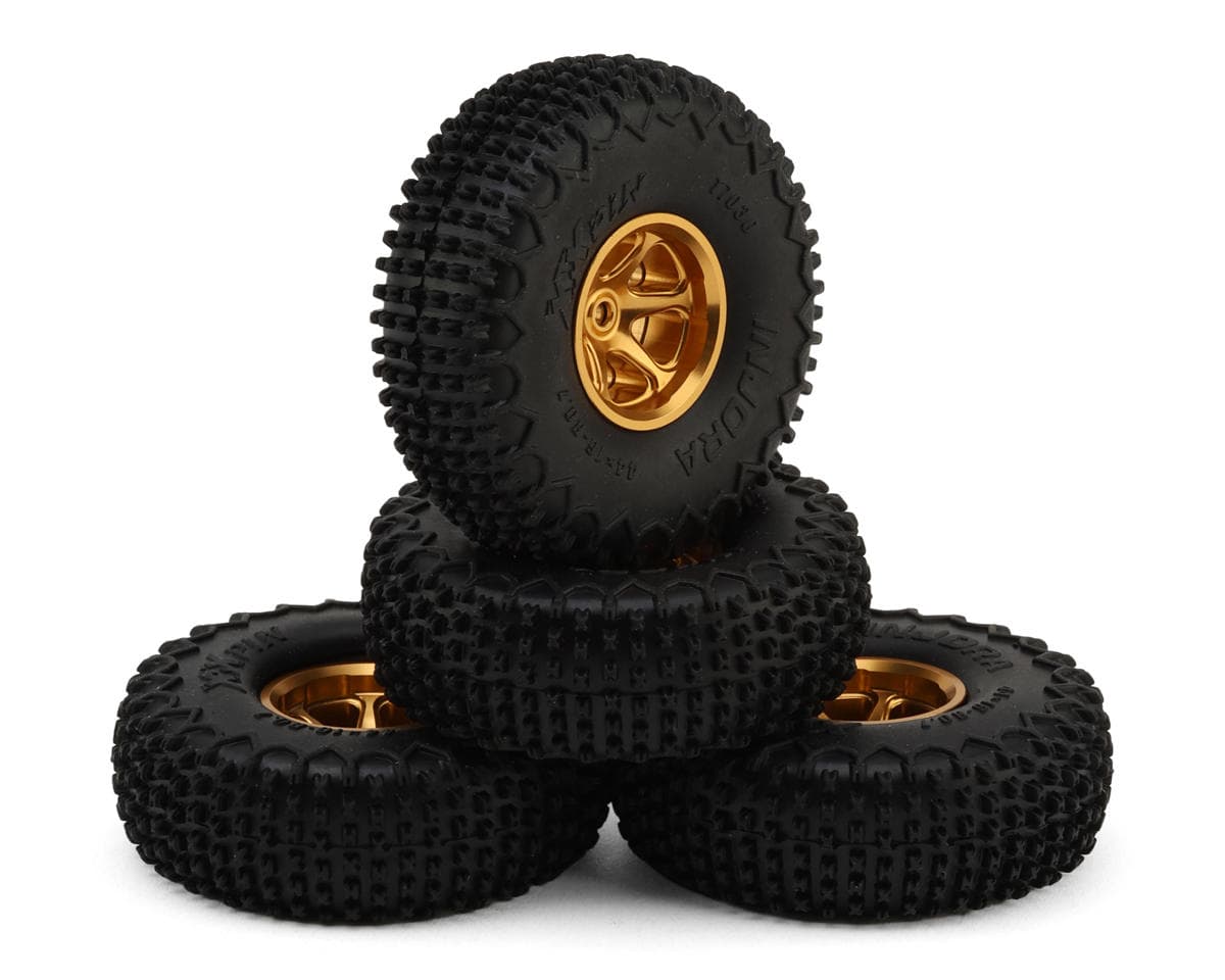 Injora Ascent-32 0.75 XHX-Pin Tires w/Six-Spoke Aluminum Bead-lock Wheels (S5) (Gold) (4) (5g ea) (44mm OD)